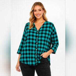 White Birch Teal and Black Checkered Button-Down Shirt, Womens Medium Oversized